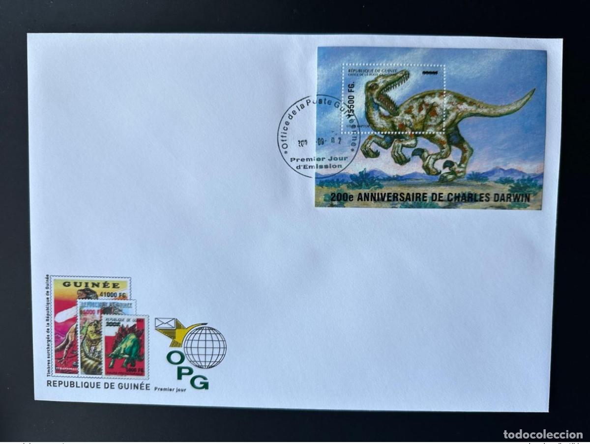 Sellos: Guinea 2009 Mi. Bl. 1738 FDC sobrecarg&oacute; los dinosaurios El cumplea&ntilde;os de Charles Darwin