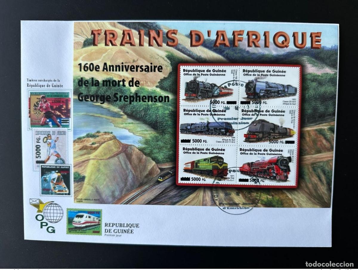 Sellos: Guinea 2008 Mi. 6239 - 6244 FDC Locomotoras de tren sobrecargadas Muerte Stephenson