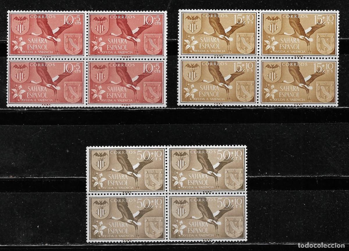 Sellos: SAHARA 1958, SERIE EDIFIL 146/148 EN BLOQUE DE 4 - AYUDA A VALENCIA. MNH.