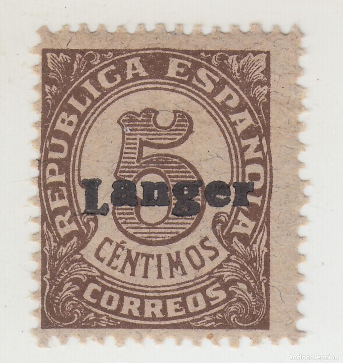 Sellos: 1938 TANGER SELLO 5 CENTIMOS CIFRAS T INVERTIDA PARECE UNA L. REPUBLICA. CON GOMA SE&Ntilde;AL FIJASELLOS