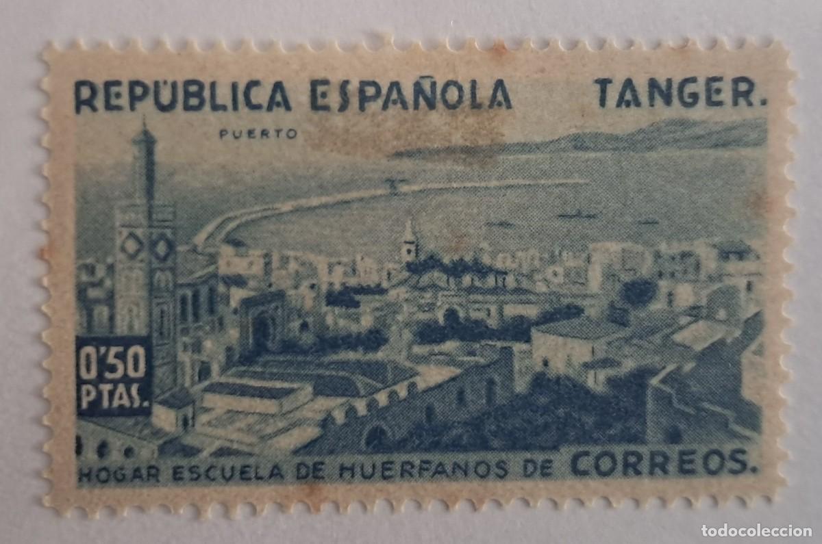 Sellos: sello, Vi&ntilde;eta del Hogar Escuela de hu&eacute;rfanos de Correos, Rep&uacute;blica Espa&ntilde;ola, Tanger, puerto 0,50 pts