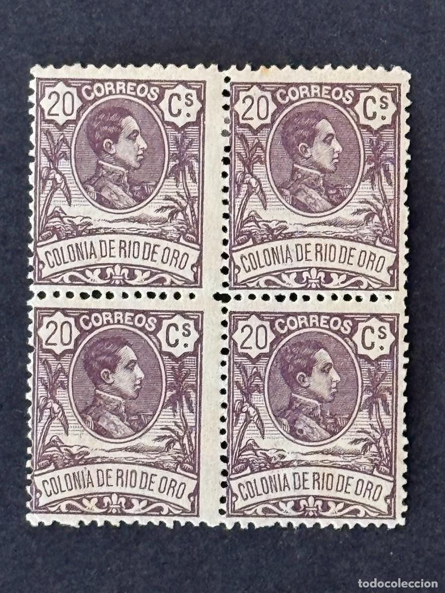 Sellos: Rio de Oro, Alfonso XIII, 1909, Edifil 46, en bl. de 4, nuevos con fijasellos