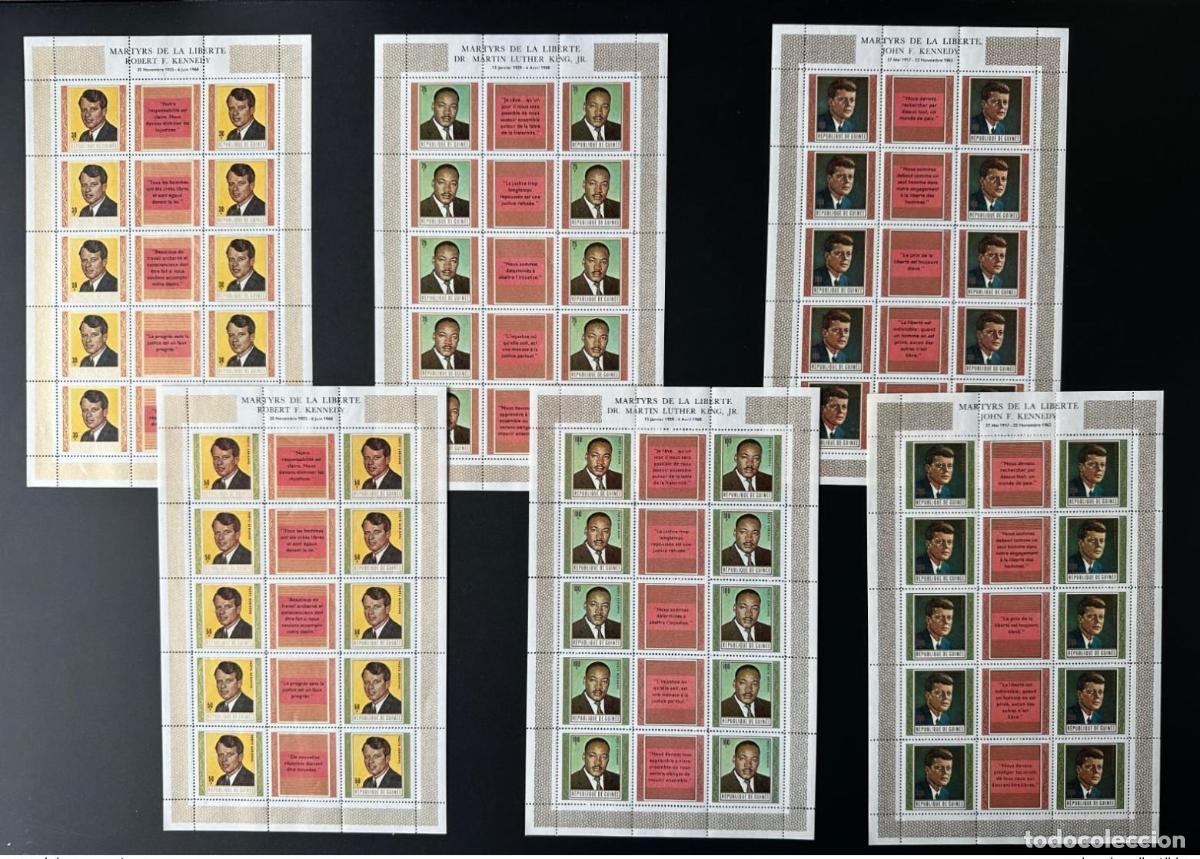 Sellos: Guinea 1968 Min. 506 - 511 FR hojas tales. M&aacute;rtires de la libertad: Luther King Kennedy