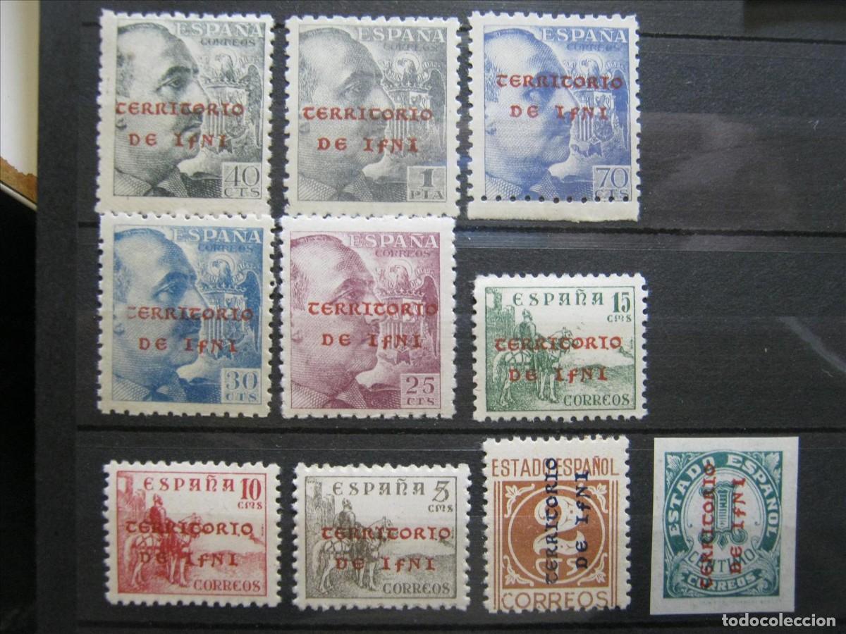 Sellos: IFNI 1941-42 ENTRE EDIFIL 1 Y 12 MNH** LUJO CON ALGUNA HABILITACI&Oacute;N VERTICAL Y DE OTRO COLOR.