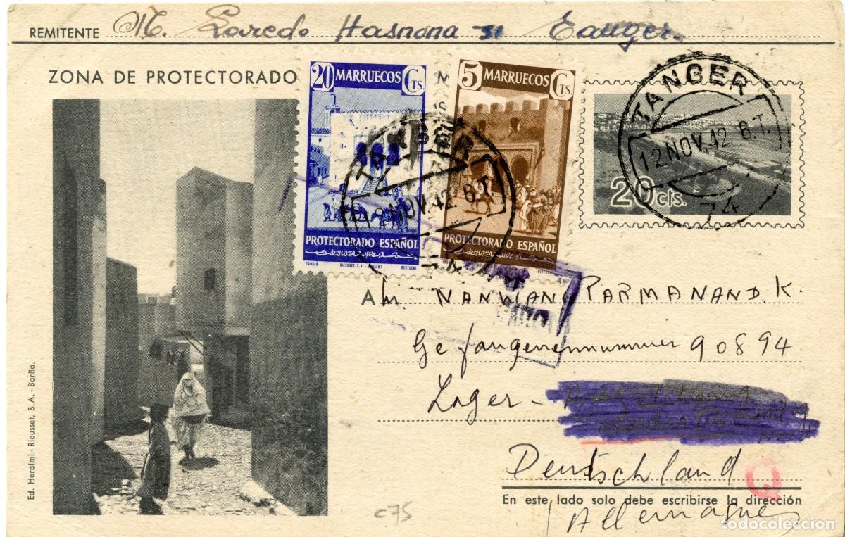 Sellos: MARRUECOS ESPA&Ntilde;OL. ENTERO POSTAL L&Aacute;IZ N&ordm; 33 DE T&Aacute;NGER A ALEMANIA 12.11.42. FRANQUEO COMPLEMENTARIO