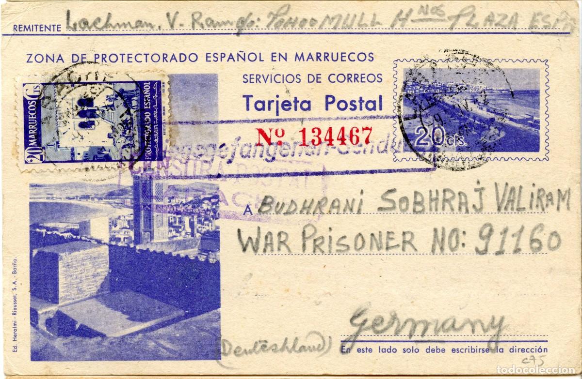 Sellos: MARRUECOS ESPA&Ntilde;OL. ENTERO POSTAL L&Aacute;IZ N&ordm; 34 DE LARACHE A ALEMANIA 6.11.42. FRANQUEO COMPLEMENTARIO