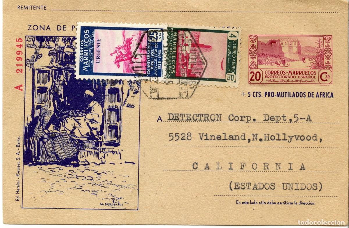 Sellos: MARRUECOS ESPA&Ntilde;OL. ENTERO POSTAL L&Aacute;IZ N&ordm; 73 DE TETU&Aacute;N A USA 18.04.55 RARO FRANQUEO COMPLEMENTARIO