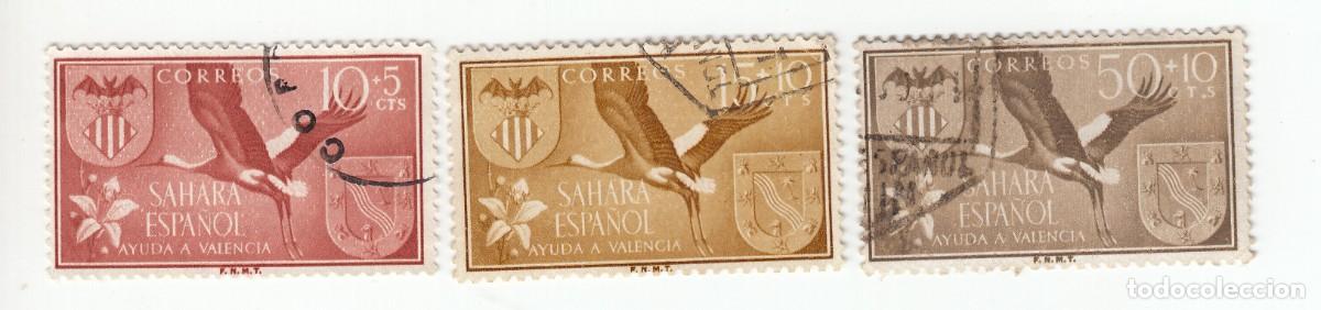 Sellos: SAHARA 1957 AYUDA A VALENCIA, SERIE COMPLETA 3 SELLOS