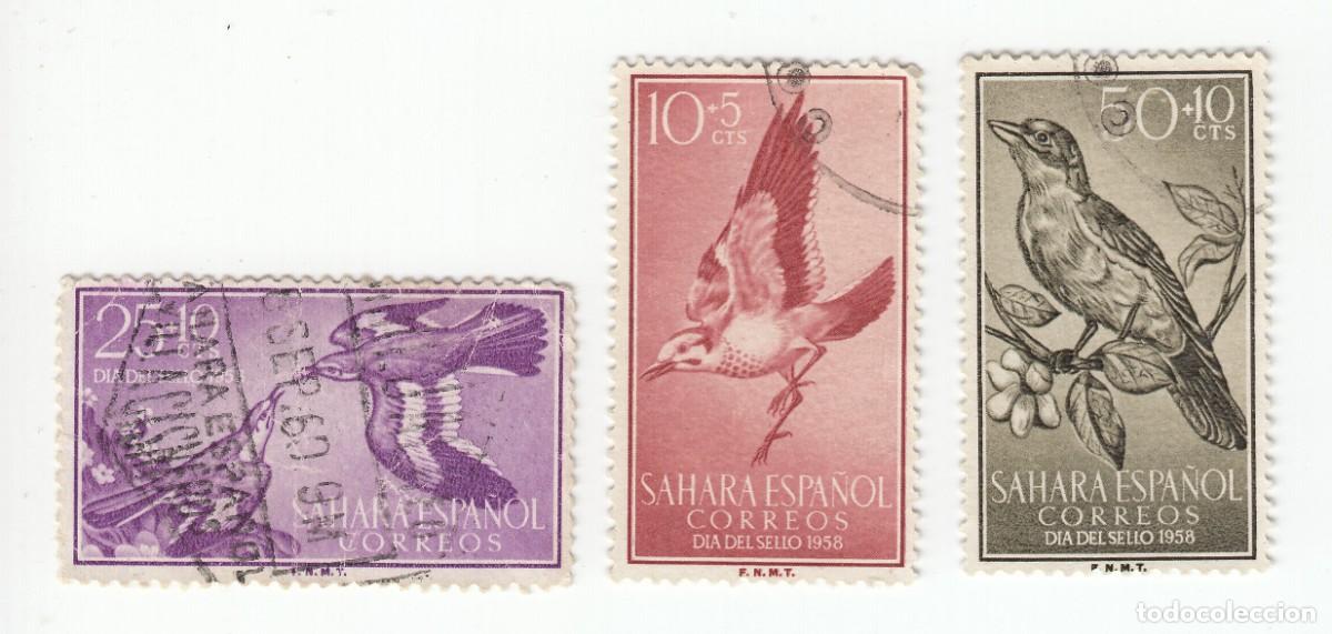 Sellos: SAHARA 1958 DIA DEL SELLO, SERIE COMPLETA 3 SELLOS