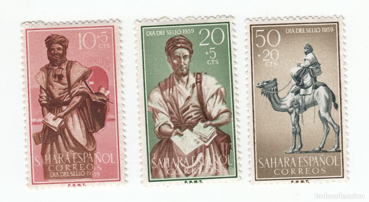 Sellos: SAHARA 1959 DIA DEL SELLO, SERIE COMPLETA 3 SELLOS. NUEVOS CON FIJASELLOS