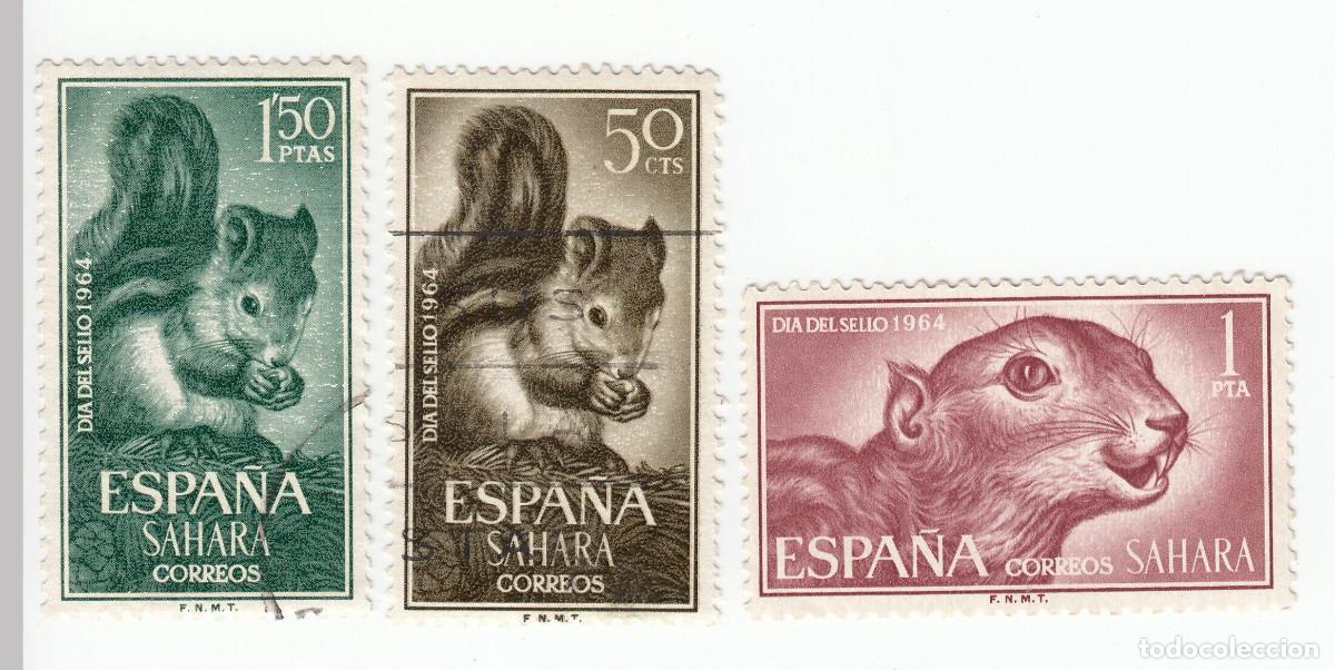 Sellos: SAHARA 1964 DIA DEL SELLO, SERIE COMPLETA 3 SELLOS.