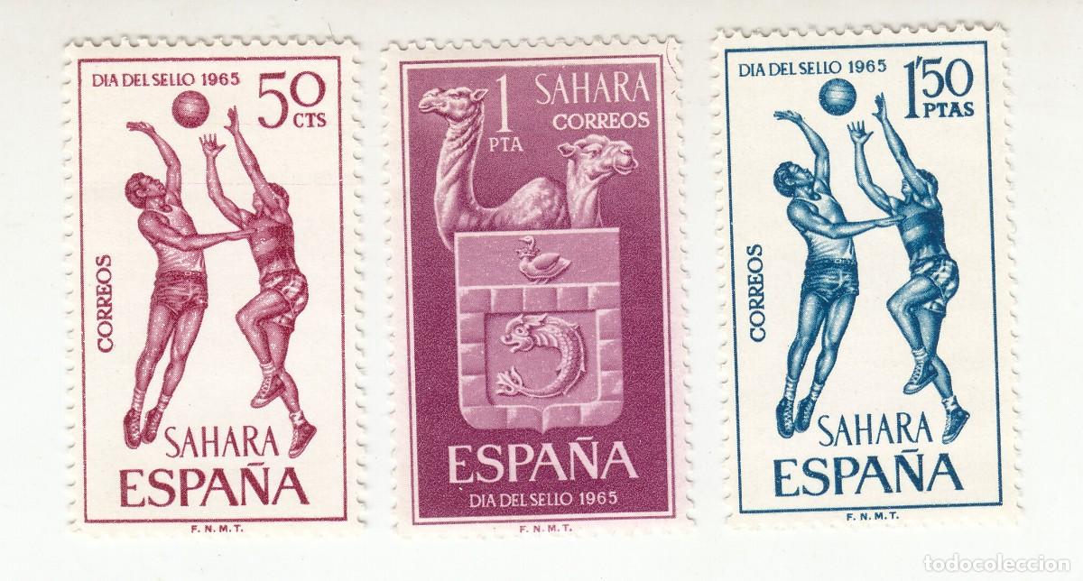 Sellos: SAHARA 1965 DIA DEL SELLO, SERIE COMPLETA 3 SELLOS. NUEVOS CON GOMA