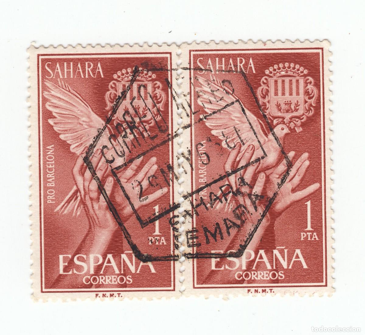 Sellos: SAHARA 1963 SELLOS AYUDA A BARCELONA MATASELLOS HEXAGONAL CORREO AEREO SAHARA SEMARA