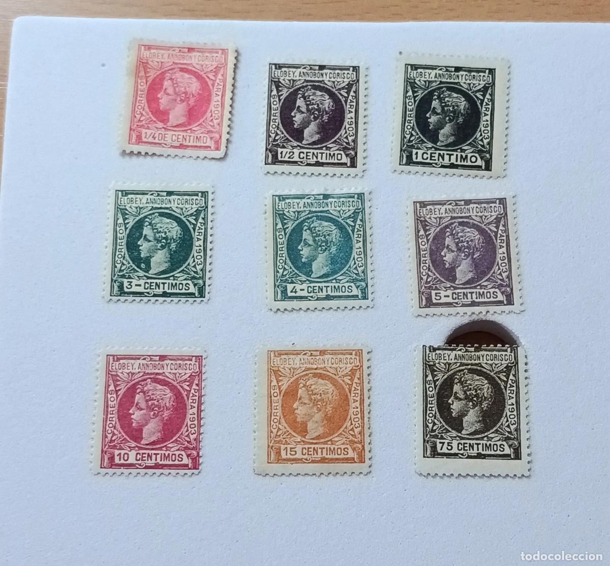 Sellos: Sellos colonias Elobey, Annib&oacute;n y Corisco 1903, Edifil 1/3, 5/9 y 12. Nuevos y alguno marquillado