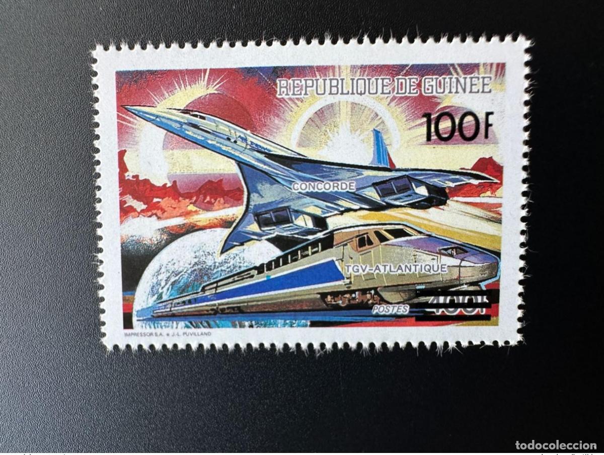 Sellos: Guinea 1991 Mi. 1329 avi&oacute;n Concorde sobrecargado tren TGV ferrocarriles MNH**