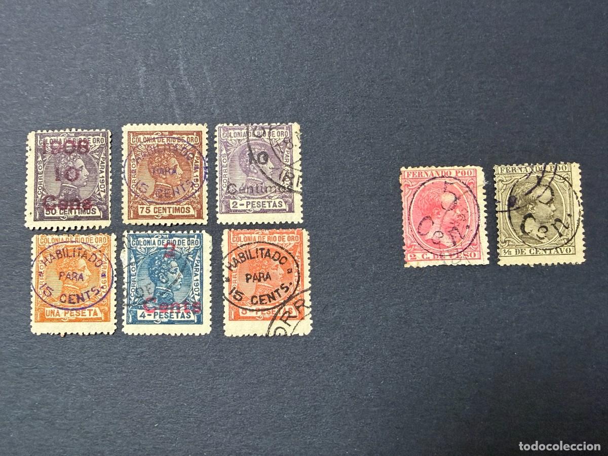 Sellos: RIO DE ORO, 1907 Y FERNANDO POO 1897. REY ALFONSO XIII CON SOBRECARGA. VER FOTOS