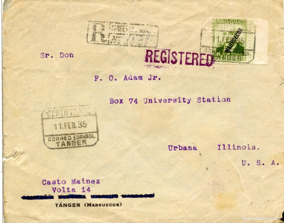 Sellos: SOBRE CERTIFICADO DE T&Aacute;NGER 11 FEB 1935 A U.S.A. FRANQUEO 60 CTS CASTELAR EDIFIL N&ordm; 80