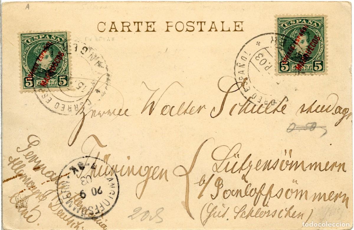 Sellos: TARJETA POSTAL DE T&Aacute;NGER 20 SEP 1903 A ALEMANIA. FRANQUEO CADETE 5 CTS EDIFIL MARRUECOS N&ordm; 3 (x 2)