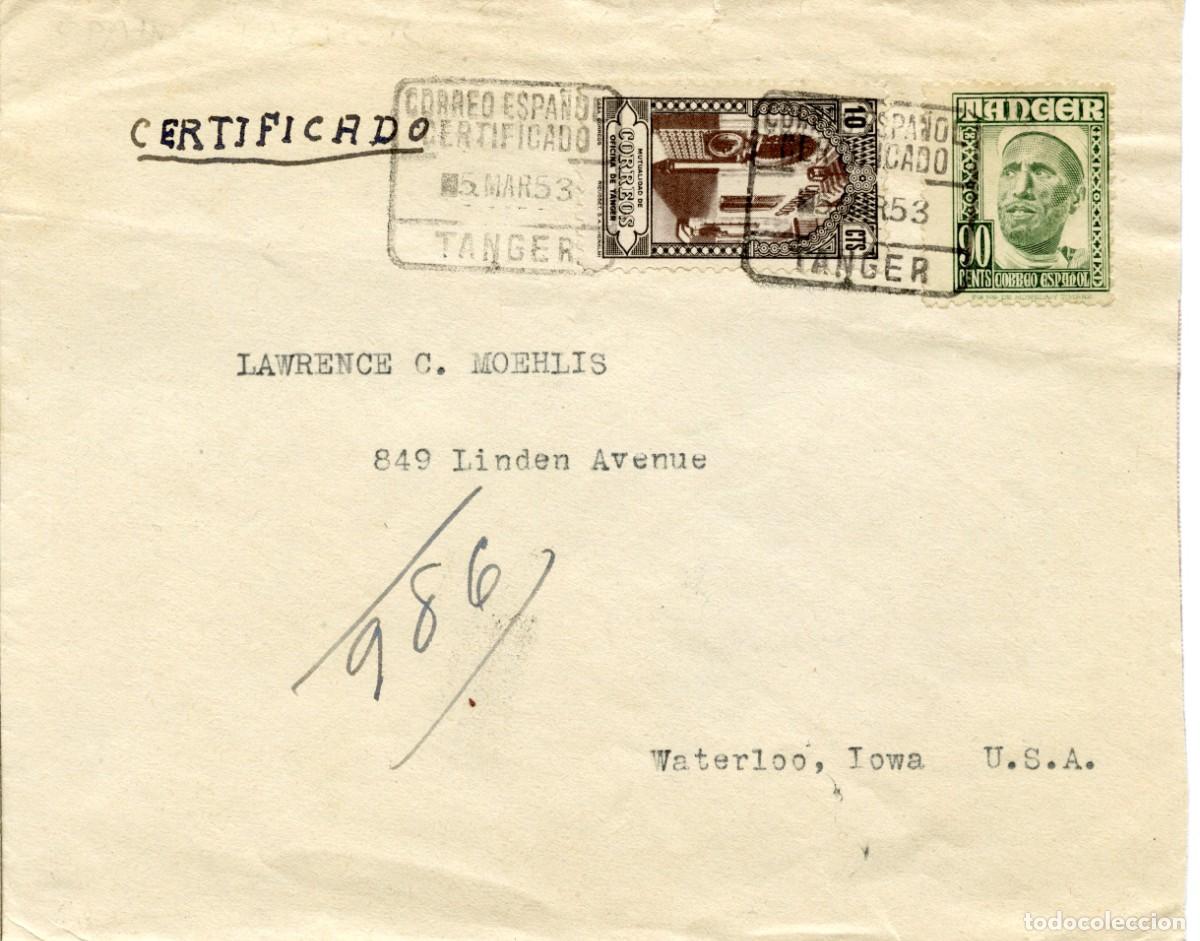 Sellos: CORREO ESPA&Ntilde;OL CERTIFICADO T&Aacute;NGER 5 MAR 1953 A U.S.A. T&Aacute;NGER EDIFIL 161 + BENEFICENCIA 29 (raro)