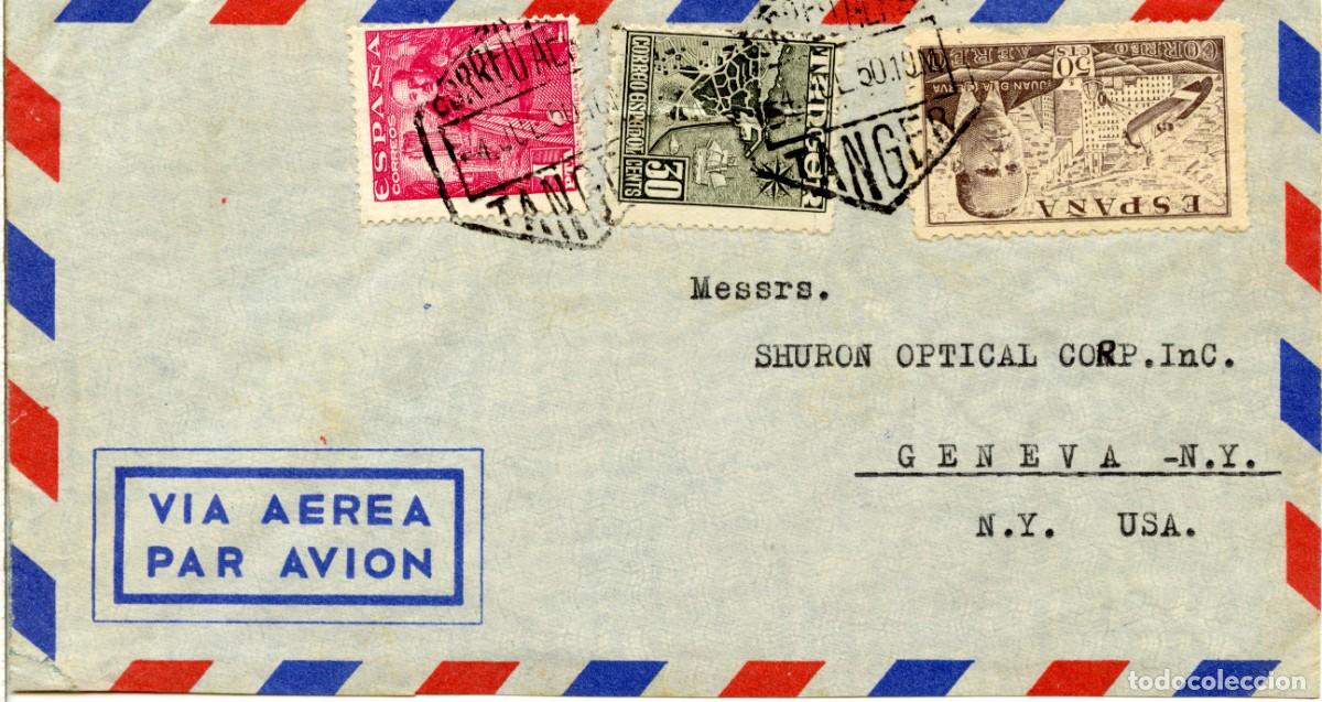 Sellos: T&Aacute;NGER CORREO A&Eacute;REO 4 JUL 1950 A USA. FRANQUEO MIXTO ESPA&Ntilde;A-T&Aacute;NGER