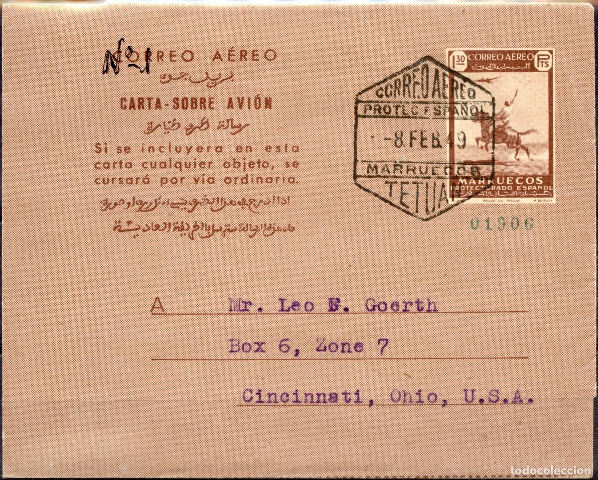 Francobolli: AEROGRAMA MARRUECOS EDIFIL N&ordm; 1 DE TETU&Aacute;N 8 FEB 1949 A USA. SIN MATASELLOS DE LLEGADA