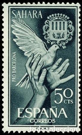 Sellos: Sahara Espa&ntilde;ol 1963 Edifil 220 Sello &ordm; Ayuda a Barcelona Escudo de Armas y Palomas Michel 251