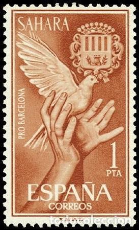 Sellos: Sahara Espa&ntilde;ol 1963 Edifil 221 Sello ** Ayuda a Barcelona Escudo de Armas y Palomas Michel 252