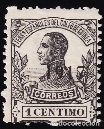 Sellos: GUINEA, 1917 EDIFIL N&ordm; 111 /*/, 1 c. negro, [Habilitados &rdquo;1917&rdquo;]