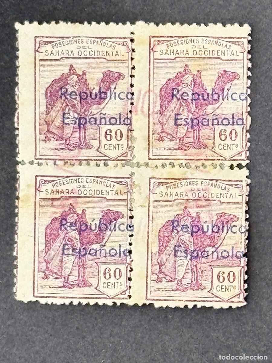 Sellos: Sahara, Dromedario e ind&iacute;gena, habilitados, 1932, Edifil 44B, bloque de 4, usados