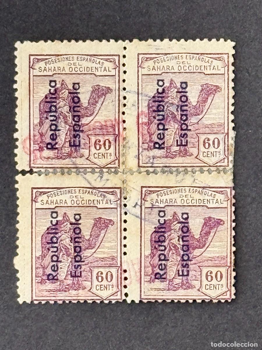 Sellos: Sahara, Dromedario e ind&iacute;gena, habilitados, 1932, Edifil 44B, bloque de 4, usados