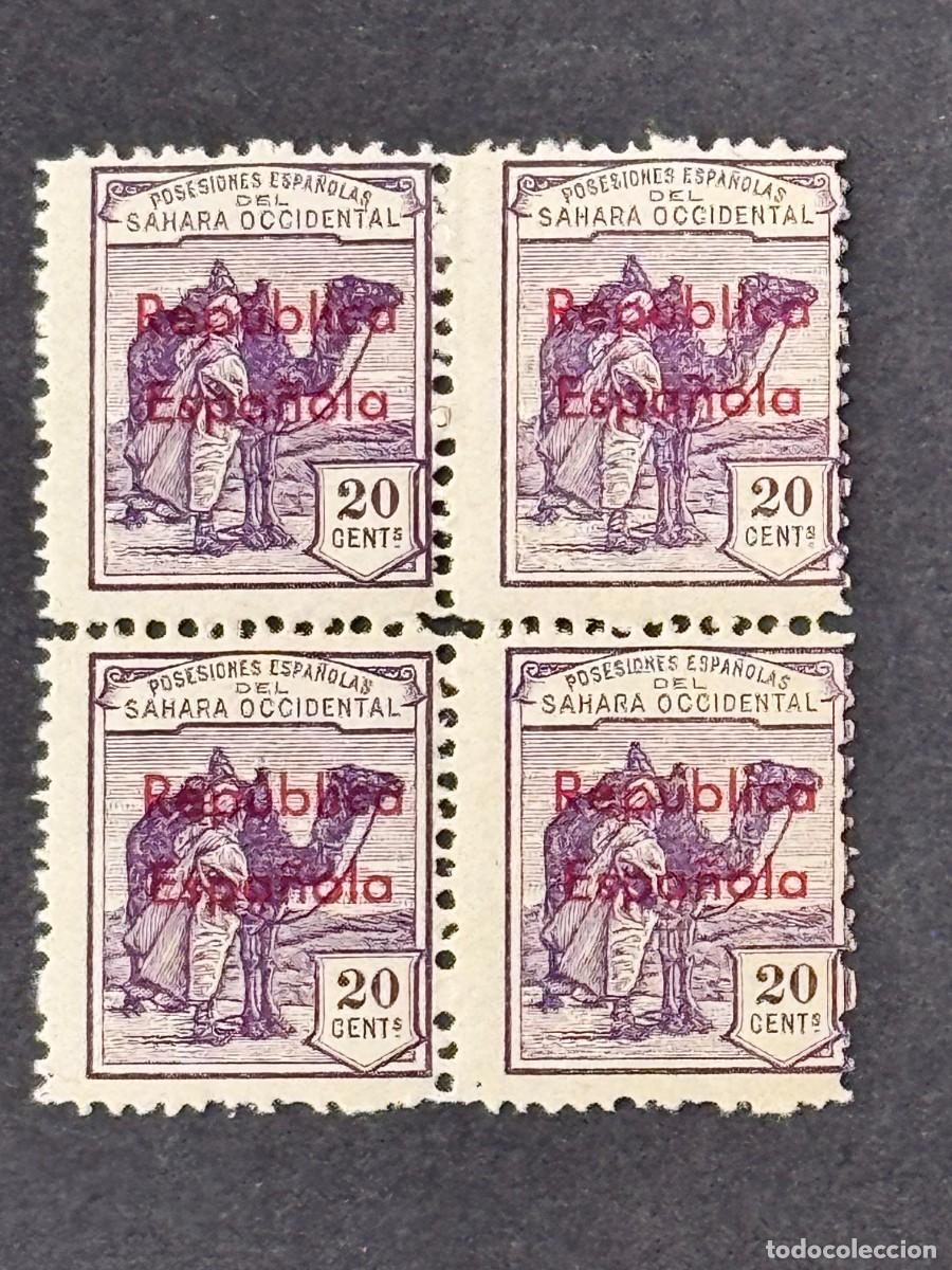 Sellos: Sahara, Dromedario e ind&iacute;gena, habilitados, 1932, Edifil 39B, bloque de 4, nuevos