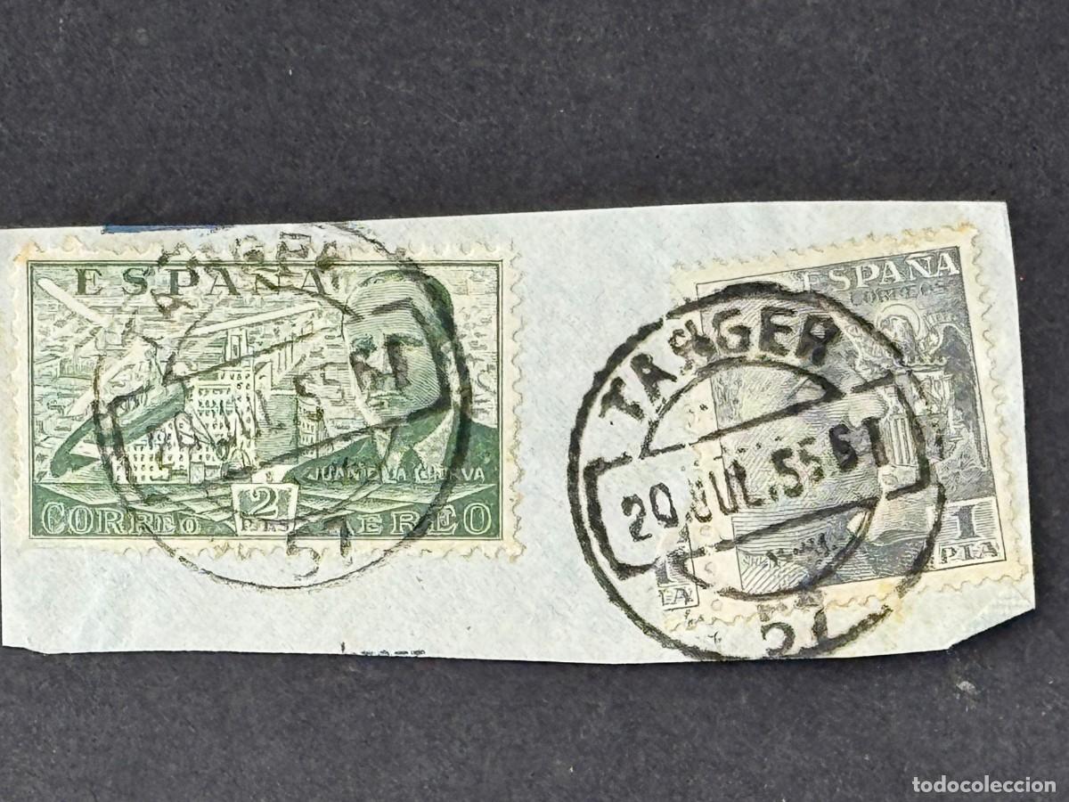 Sellos: T&aacute;nger, sellos de Espa&ntilde;a usados en T&aacute;nger, sobre fragmento de papel.