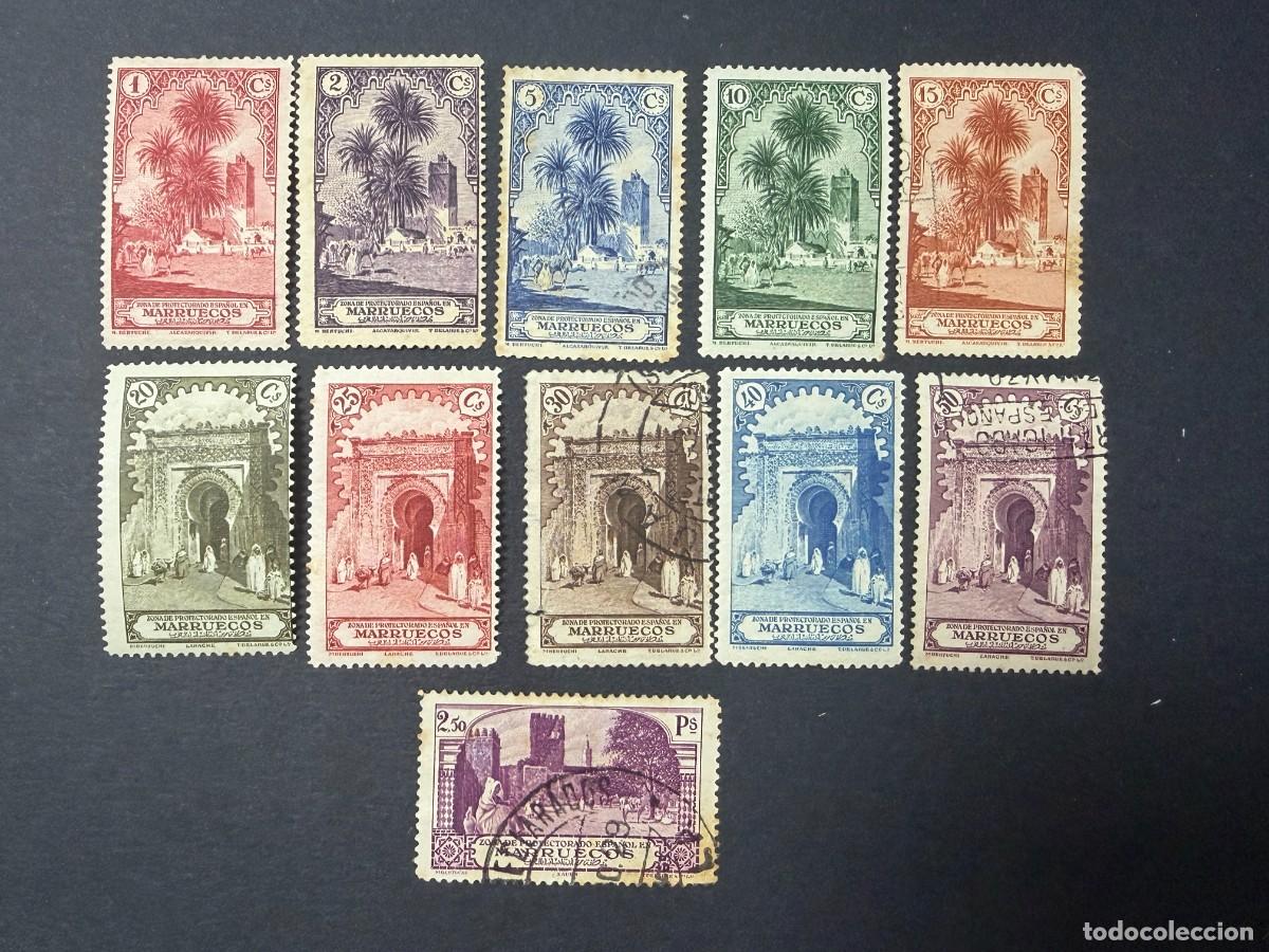 Sellos: MARRUECOS, 1928. YVERT 105/116 EXCEPTO 115. PAISAJES Y MONUMENTOS. NUEVOS Y USADOS. CON Y SIN FIJASE