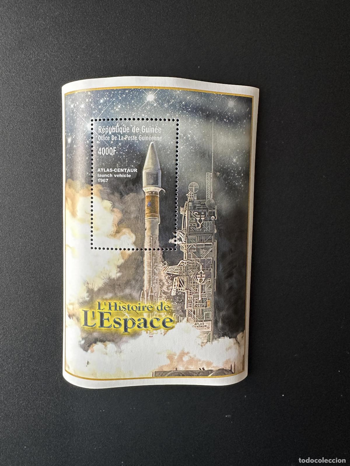 Sellos: Guinea 2000 Sc. 1862 bloque Historia del espacio Cohete espacial Atlas centauro