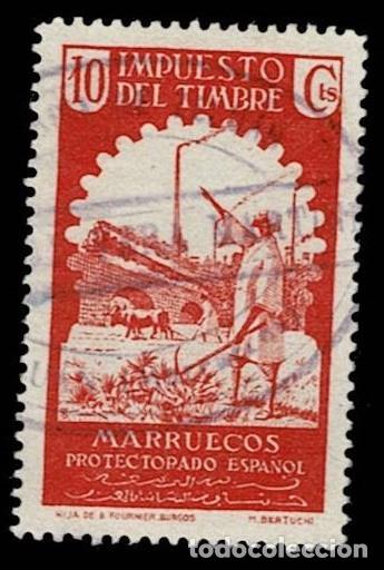 Sellos: 0305 MARRUECOS Protectorado Espa&ntilde;ol Selo de IMPUESTO DEL TIMBRE Valor 10 Color ROJO usado