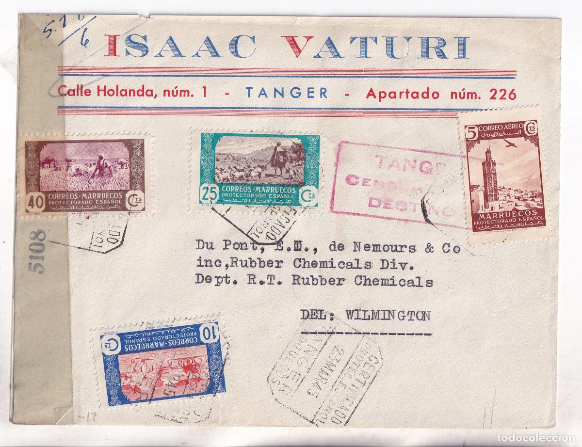 Sellos: SOBRE CERTIFICADO. T&Aacute;NGER. MARRUECOS. 1945. CENSURAS MILITARES Y MUCHOS FECHADORES