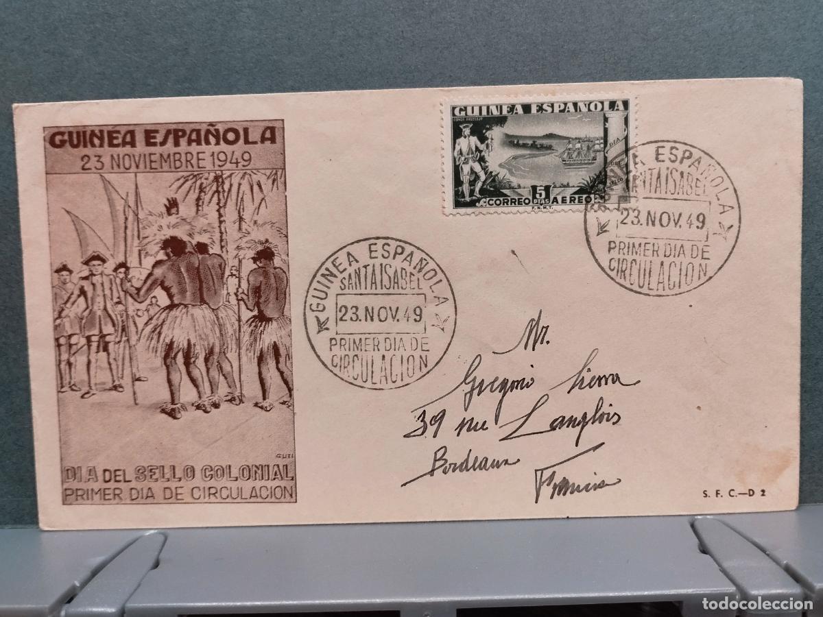 Sellos: GUINEA ESPA&Ntilde;OLA. SOBRE PRIMER DIA N&ordm; 2. DIA DEL SELLO 1949. CIRCULADO.