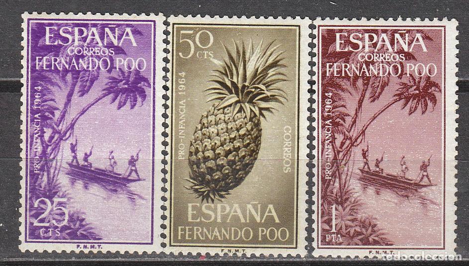 Sellos: Fernando Poo Edifil 223/5, pi&ntilde;a y piragua, pro infancia 1964, NUEVO