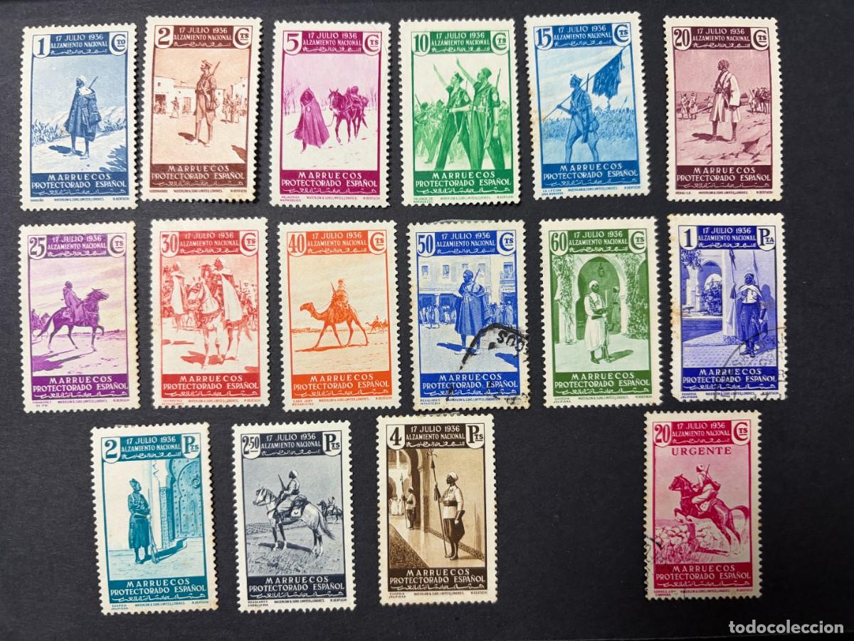 Sellos: MARRUECOS, 1937. EDIFIL 169/185 EXCEPTO 184.ANIV. ALZAMIENTO MILITAR. NUEVOS Y USADOS.CON FIJASELLOS