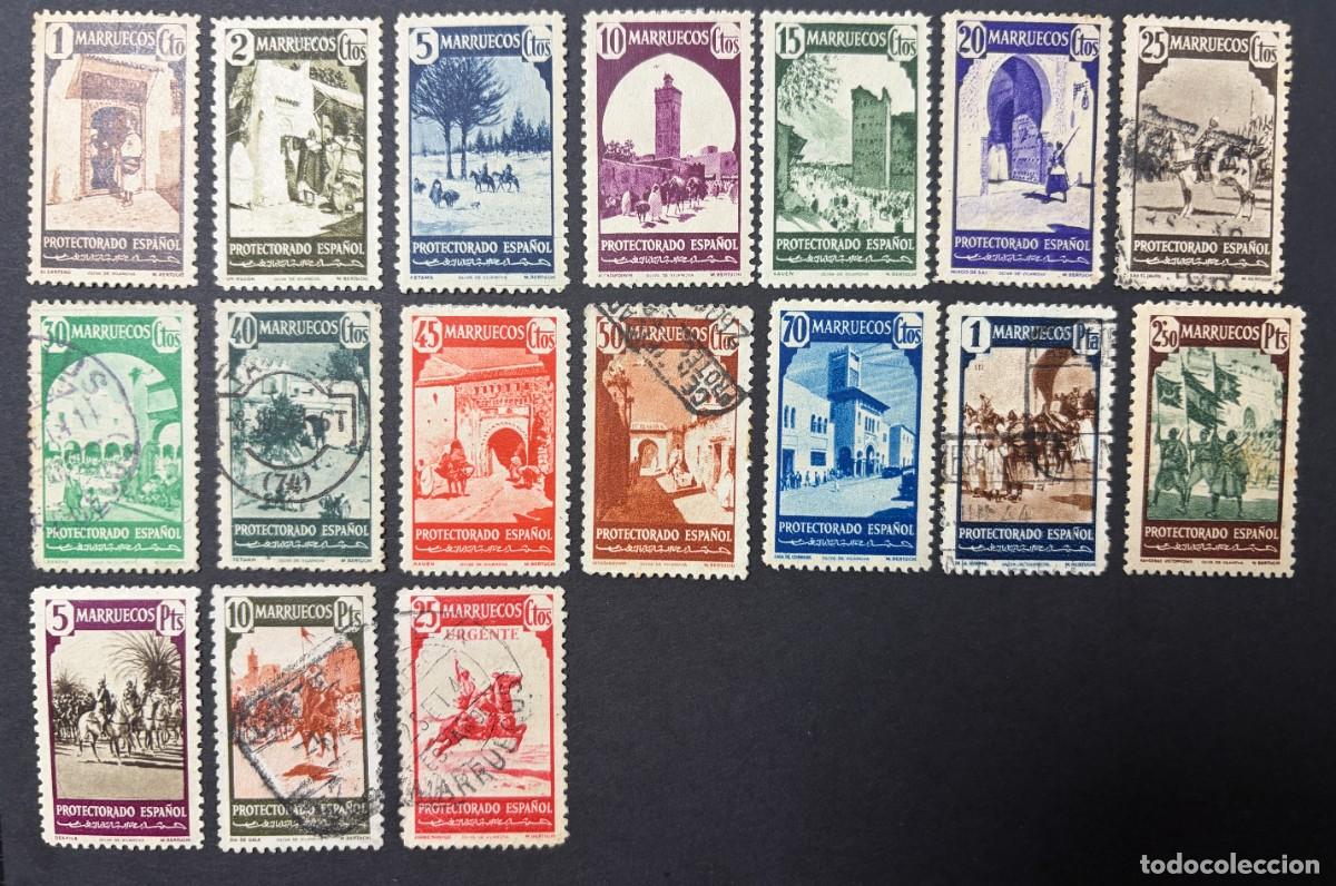 Sellos: MARRUECOS, 1940. EDIFIL 200/216. VISTAS Y PAISAJES. NUEVOS Y USADOS. CON CHARNELA