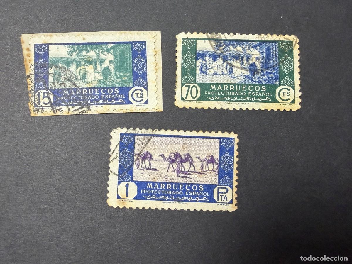 Sellos: MARRUECOS, 1948. EDIFIL 282, 286 Y 288. VISTAS Y PAISAJES. USADOS