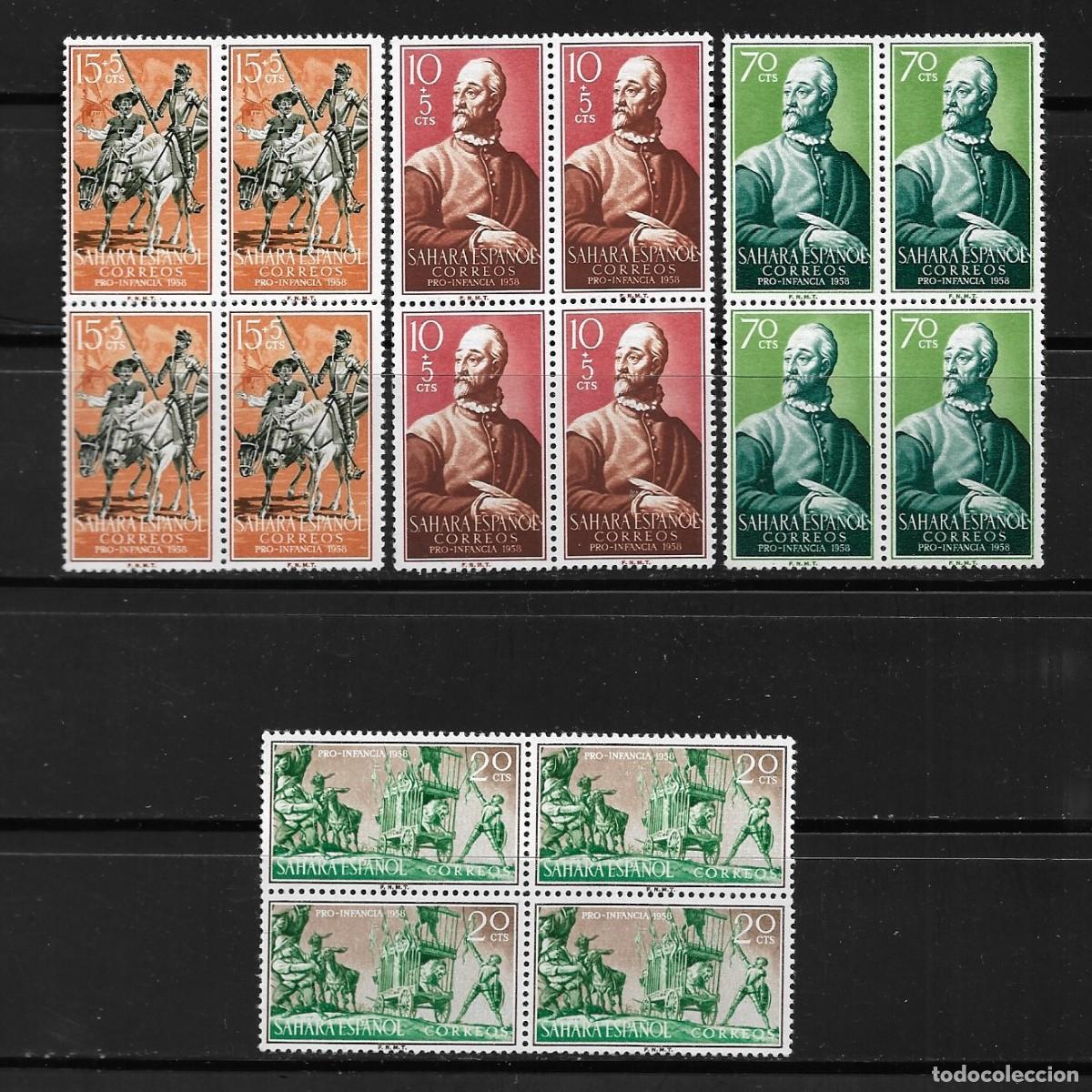 Sellos: SAHARA 1958, SERIE EDIFIL 149/152 EN BLOQUE DE 4 - PRO INFANCIA. MNH.