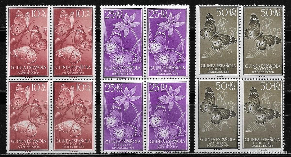 Sellos: GUINEA 1958, SERIE EDIFIL 388/390 EN BLOQUE DE 4 - D&Iacute;A DEL SELLO - MARIPOSAS. MNH.