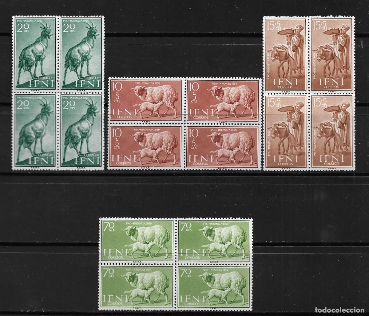 Sellos: IFNI 1959, EDIFIL 152/155 EN BLOQUE DE 4. - PRO INFANCIA - FAUNA DOM&Eacute;STICA. MNH.