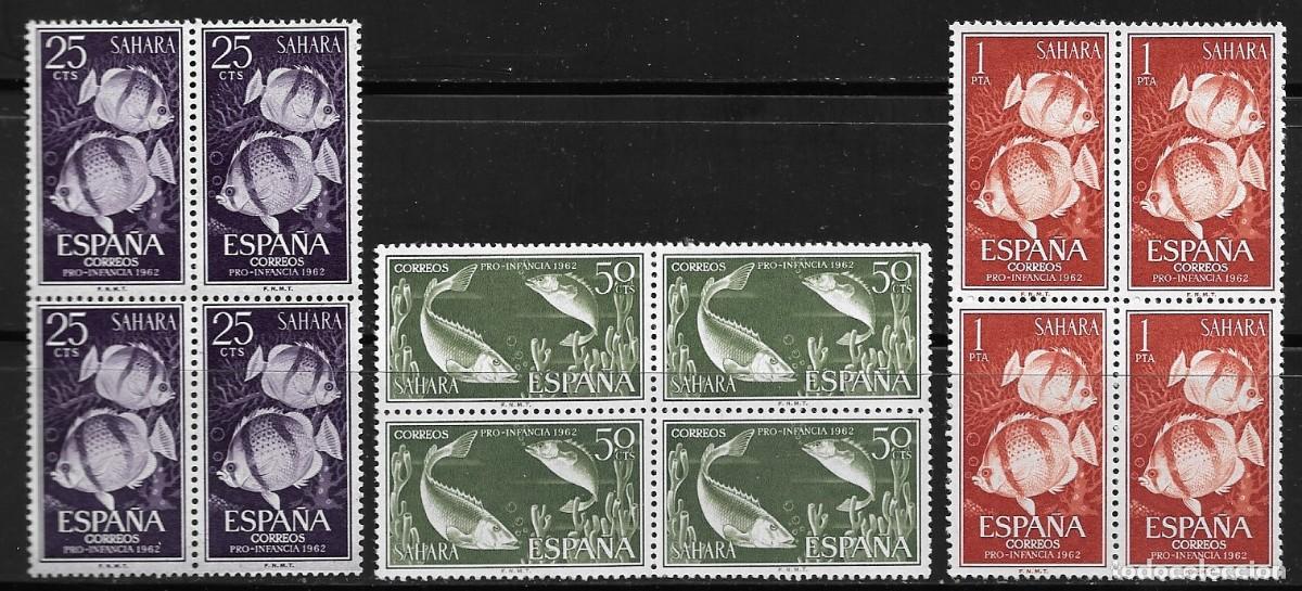 Sellos: SAHARA 1962, SERIE EDIFIL 209/11 EN BLOQUE DE 4. - PRO INFANCIA - PECES. MNH.