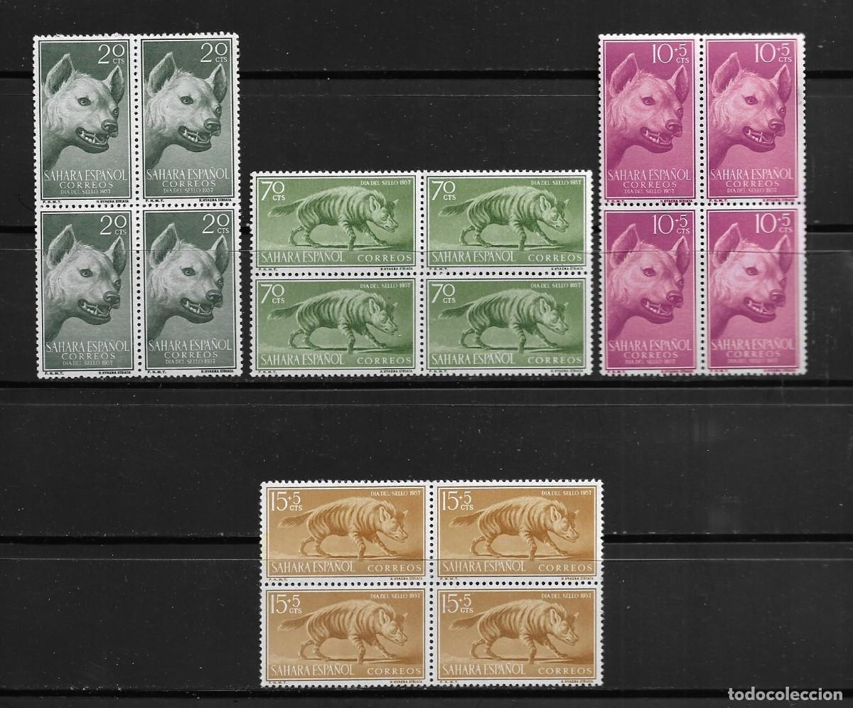 Sellos: SAHARA 1957, SERIE EDIFIL 142/145 EN BLOQUE DE 4 - D&Iacute;A DEL SELLO . MNH.