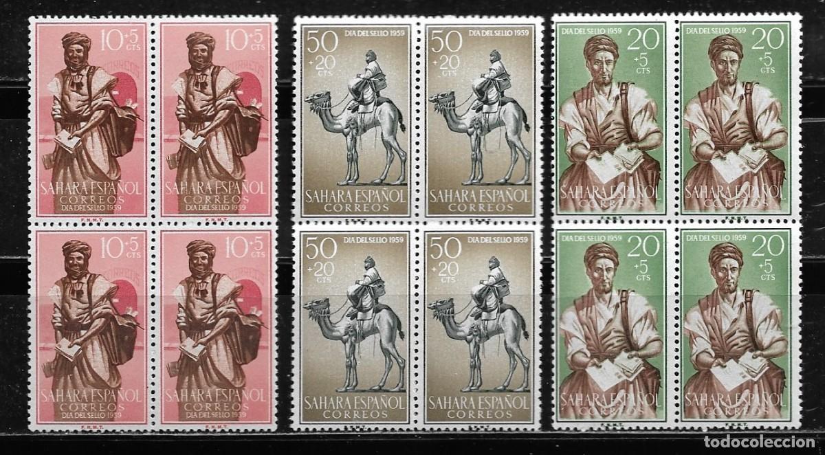 Sellos: SAHARA 1959, SERIE EDIFIL 169/171 EN BLOQUE DE 4. - D&Iacute;A DEL SELLO. MNH.