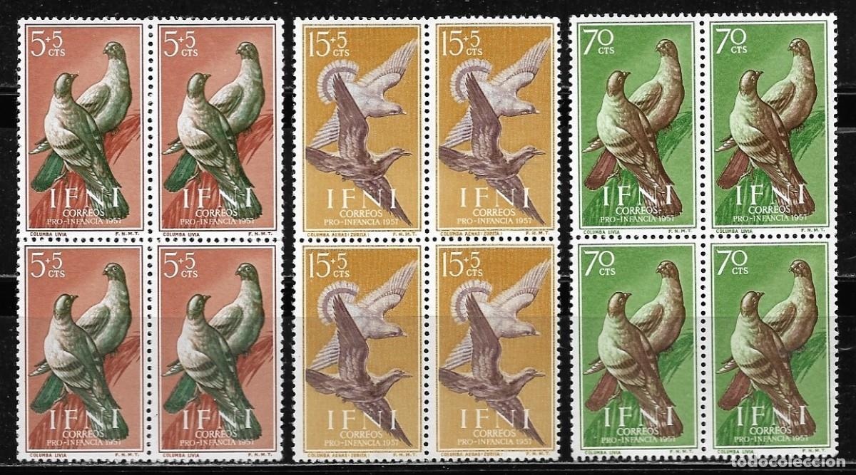Sellos: IFNI 1957, EDIFIL 135/137 EN BLOQUE DE 4. - PRO INFANCIA - PALOMAS. MNH.