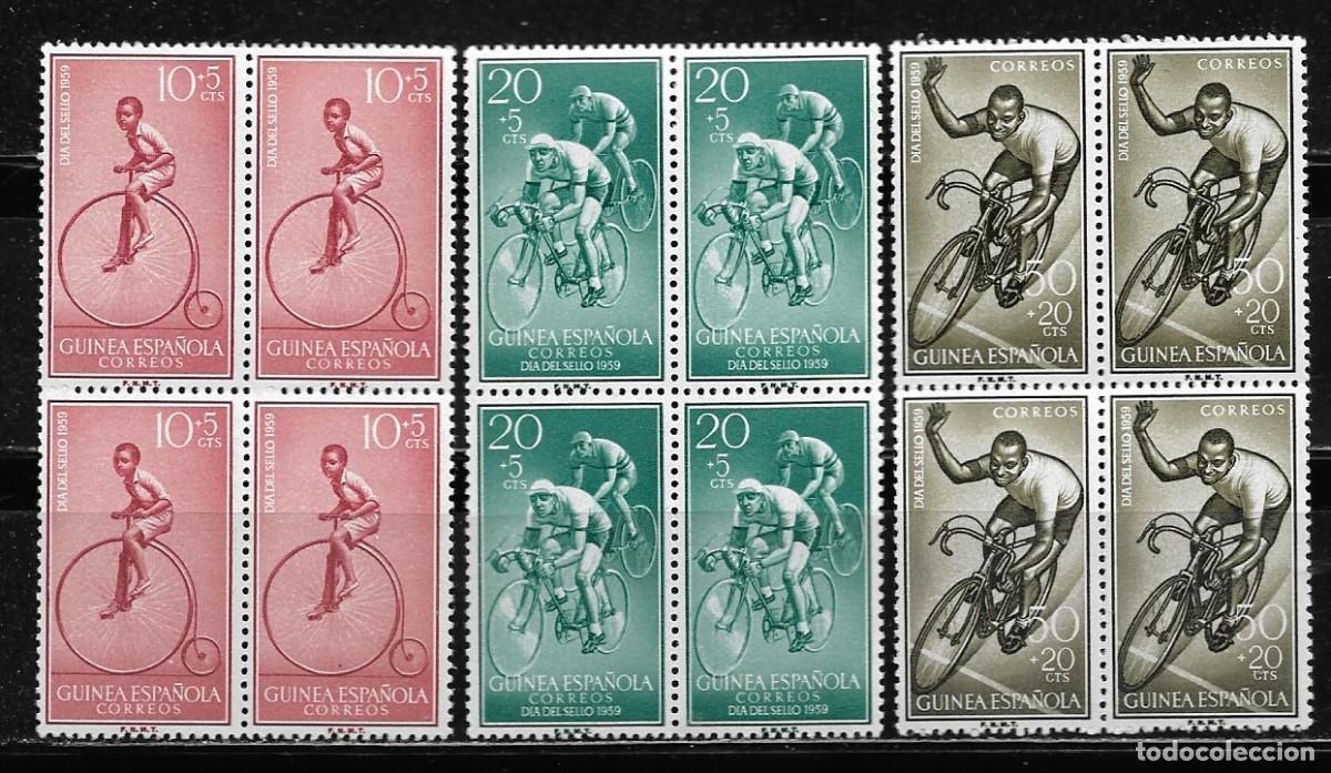 Sellos: GUINEA 1959, SERIE EDIFIL 395/397 EN BLOQUE DE 4. - D&Iacute;A DEL SELLO - CICLISMO. MNH.