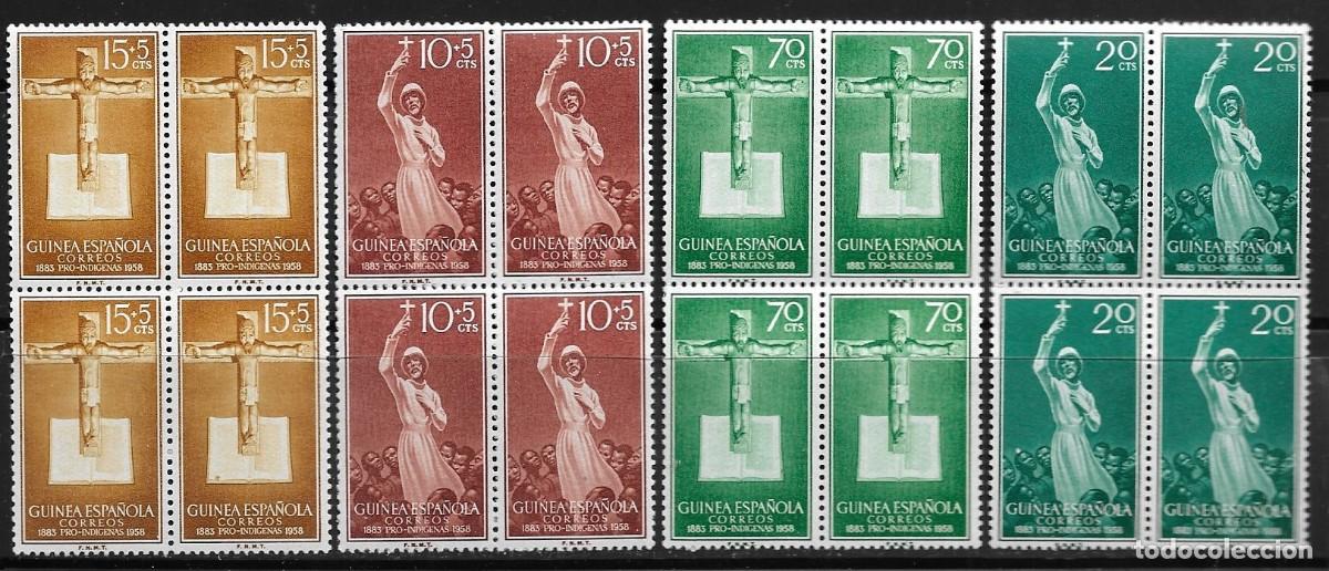 Sellos: GUINEA 1958, SERIE EDIFIL 384/387 EN BLOQUE DE 4. - PRO IND&Iacute;GENAS. MNH.
